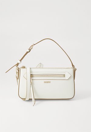 White leather crossbody bag with a detachable strap, featuring a front zip pocket, gold hardware, and triangular accents.