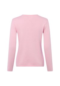 Langärmliges Oberteil aus hellrosa Stoff. Mit rundem Ausschnitt und figurbetontem Schnitt. Glatte Textur ohne sichtbare Muster oder Verzierungen.