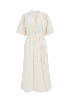 Kreemjas keskmise pikkusega kleit lamedate lühikeste varrukatega, nööpidega esiosas, V-kaelusega, piht kitsendatud ja sama kangaga vööga.