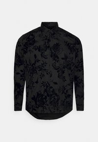 Camicia nera a maniche lunghe con motivo floreale testurizzato in tonalità scure, davanti con bottoni e orlo curvo.