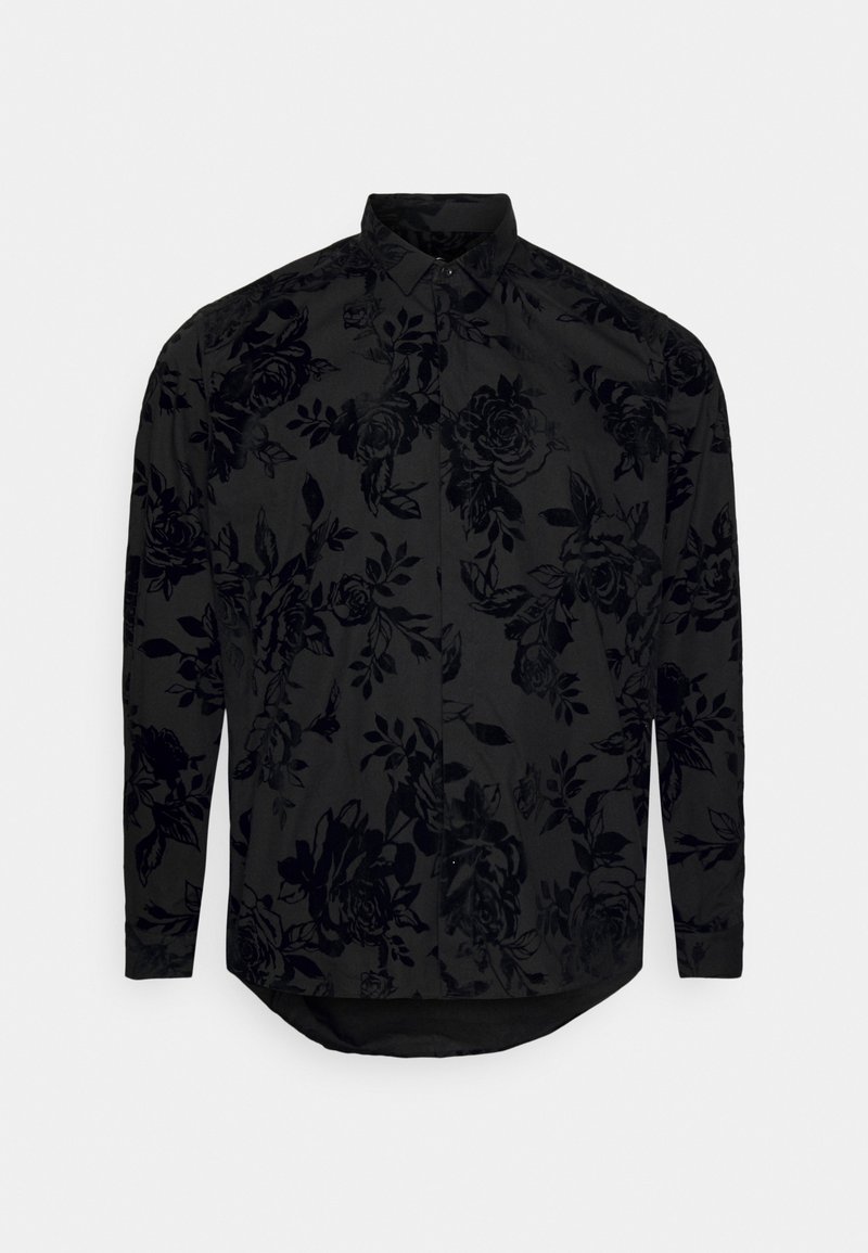 Camicia nera a maniche lunghe con motivo floreale testurizzato in tonalità scure, davanti con bottoni e orlo curvo.