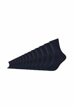 Calzini di un blu navy scuro disposti in fila, caratterizzati da una trama liscia e un design di lunghezza standard, con un colore uniforme e senza motivi visibili.