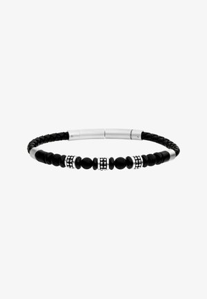 Schwarzes Perlenarmband mit geflochtenem Lederband, glänzenden schwarzen Perlen und silbernen Akzenten für einen strukturierten, modernen Look.