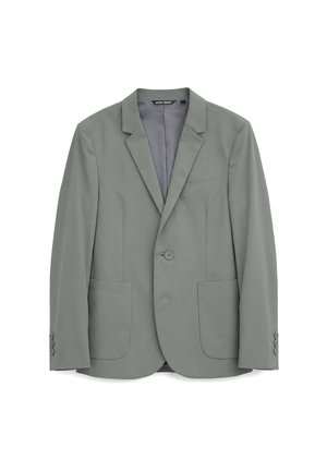 Blazer uomo grigio chiaro con un bottone, rever con l'apertura a incavo, due tasche applicate frontali e tre bottoni su ogni polsino.