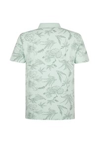 Vaaleanvihreä lyhythihainen poolopaita, jossa on kukka- ja lintukuvioiden ääriviivat. Kangas näyttää sileältä ja paidassa on klassinen kaulussuunnittelu.