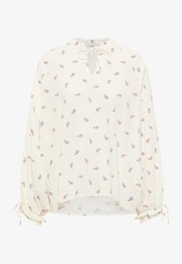 Blusa blanca con escote en forma de ojal y cierre de lazo. Mangas largas con puños elásticos. Presenta un patrón de paisley en rojo y azul.