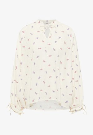 Bluză albă cu decolteu în formă de cheiță și închidere cu nod. Mâneci lungi cu manșete elastice. Prezintă un model paisley în roșu și albastru.