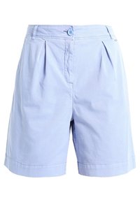 Světle modré bavlněné šortky s knoflíkovým zapínáním, plisovaným předním dílem a rovně střiženými nohavicemi s čistým lemem. Připojena údržbová etiketa.