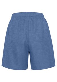 Blaue Leinen-Shorts mit elastischem Bund, ausgestattet mit einem lockeren Schnitt und glatter Textur, entworfen für Komfort und Atmungsaktivität.