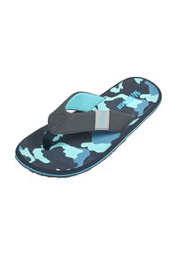 Flip-flop with a navy blue and aqua camouflage pattern, featuring a textured sole and a contrasting aqua strap. Durable rubber material.