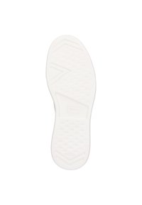 Weiße Gummisohle mit strukturiertem Muster, das ein Diamantprofil und eine leichte Fersenkontur aufweist. Eingestempeltes Logo in der Mitte.