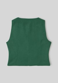 Top court en lin vert avec un design ajusté, présentant un col rond et des coutures profilées pour une silhouette cintrée, vu de dos.