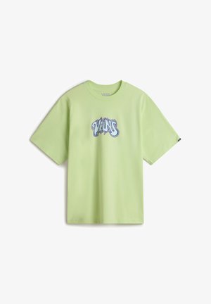 Lys grøn kortærmet t-shirt lavet af bomuld, med et stiliseret "VANS" grafik i blå på fronten. Klassisk crew neck design.