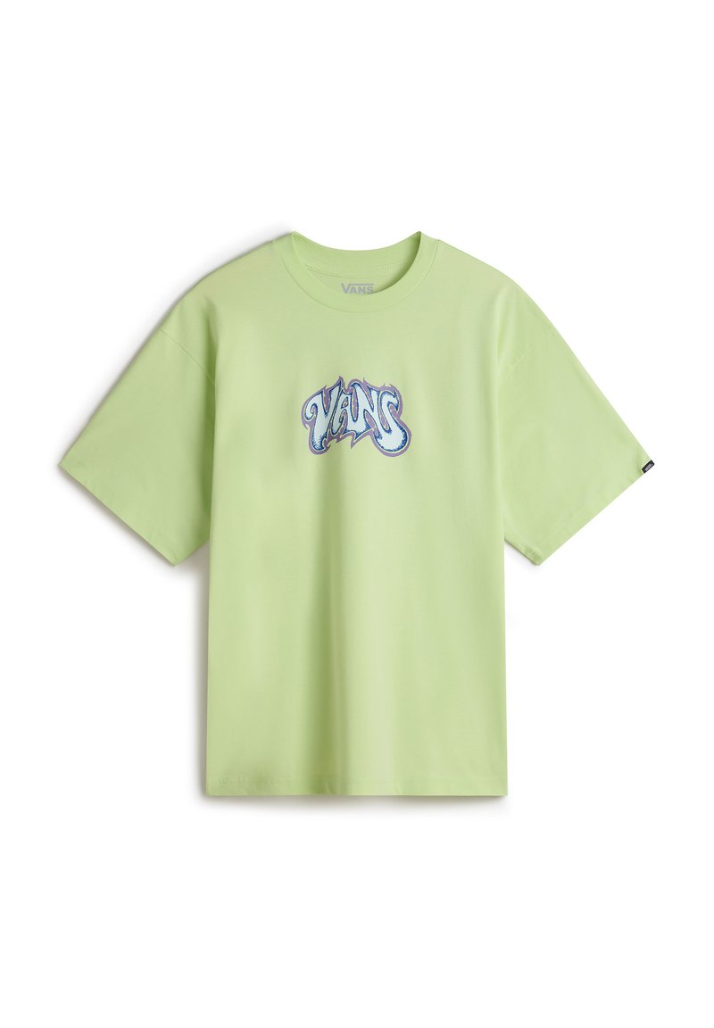 Camiseta de manga corta verde claro hecha de algodón, con un gráfico estilizado de "VANS" en azul en el centro del frente. Diseño clásico de cuello redondo.