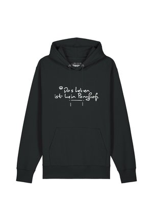 Schwarzer Kapuzenpullover mit Fronttasche und weißem handgeschriebenem Text in Deutsch, der lautet "Das Leben ist kein Ponyhof."