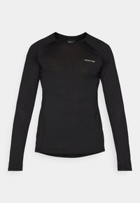 Schwarzes Langarmshirt aus leichtem Stoff. Hat einen runden Halsausschnitt, Raglanärmel und ein kleines Logo auf der Brust.