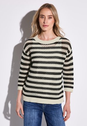 Maglione lavorato a maglia con una vestibilità ampia, a righe orizzontali nere e crema, maniche a tre quarti e collo a girocollo a coste. Dettaglio in tessuto strutturato.