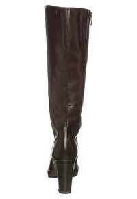 Botas de cuero marrón oscuro hasta la rodilla con una textura suave, que cuentan con una cremallera en la parte trasera y un tacón grueso para mayor estabilidad.
