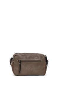Borsa a tracolla in pelle marrone con superficie texture, dotata di una tasca frontale con zip e una tracolla staccabile. Forma rettangolare compatta.