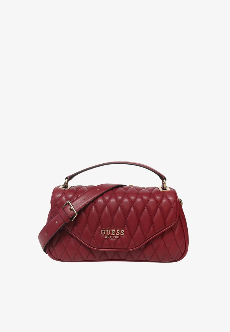Borsa bordeaux trapuntata con tracolla staccabile, manico superiore e dettagli in oro. Presenta una forma arrotondata e una texture liscia.