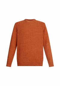 Gestrickter orangefarbener Pullover mit geripptem Muster, Rundhals-Ausschnitt und langen Ärmeln. Verfügt über ein durchgehendes Rautenmuster. Flach liegende Präsentation.