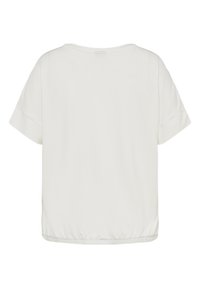 White short-sleeve top with a round neckline and elasticated hem, made of soft fabric. Features a relaxed fit and smooth texture.