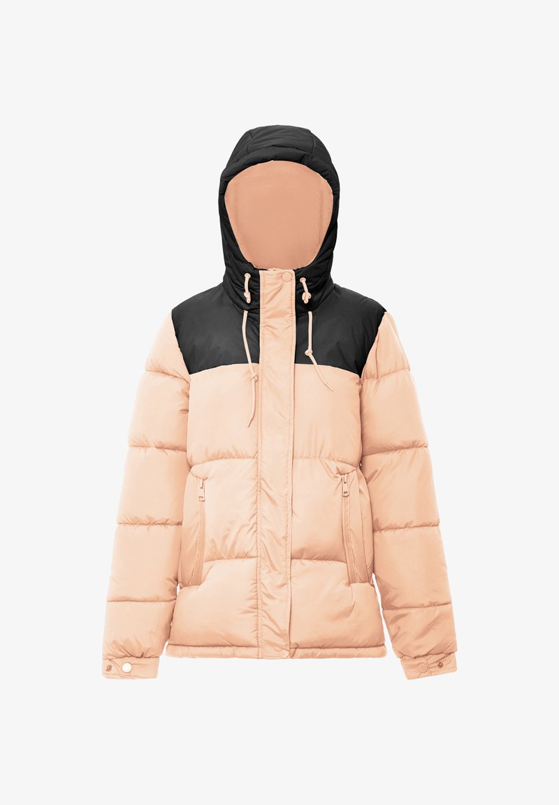 Daunenjacke mit schwarzem Oberteil und hellpfirsichfarbenem Körper. Verfügt über eine Kapuze, seitliche Reißverschlusstaschen und eine gesteppte Textur. Wasserdichtes Material.