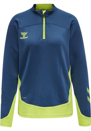 Marineblauwe sportieve quarter-zip top met felgroene accenten, gestippelde schoudertextuur en ademend mesh stof aan de zoom en mouwen.
