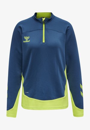 Marineblauwe sportieve quarter-zip top met felgroene accenten, gestippelde schoudertextuur en ademend mesh stof aan de zoom en mouwen.