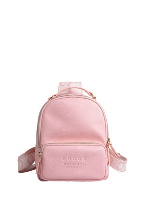 Pink textured mini backpack with front zip pocket and wide adjustable strap featuring light pink and white pattern.