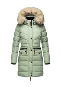 Light green puffer jacket with a faux fur-lined hood, diamond quilted pattern, zippered pockets, and black trim accents.