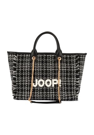 Sac cabas à carreaux noir et blanc avec anses en cuir noir, bandoulières en chaîne dorée et logo "JOOP!" blanc sur le devant.