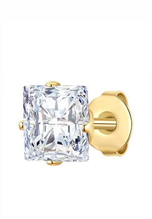 Square-cut clear crystal earring with gold-tone post and backing. Features a faceted surface reflecting light, set in a smooth, rounded mount.
