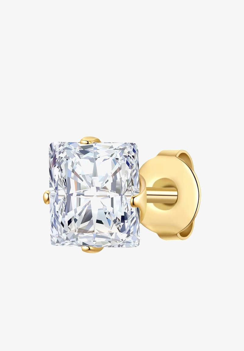 Kvadrātveida caurspīdīga kristāla auskars ar zelta toņa postu un aizmuguri. Iezīmē facētu virsmu, kas atstaro gaismu, iestatītu gludā, noapaļotā turētājā.