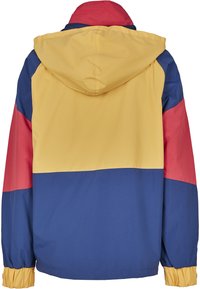 Kurtka w blokach kolorów z żółtymi, czerwonymi i niebieskimi panelami. Wykonana z lekkiego, gładkiego materiału z regulowanym kapturem i elastycznymi mankietami.