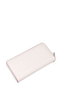 Světlé růžové peněženka vyrobená z kůže s hladkým povrchem, kontrastním tmavě růžovým šitím, embosovaným logem "VUCH" a stříbrnými doplňky.