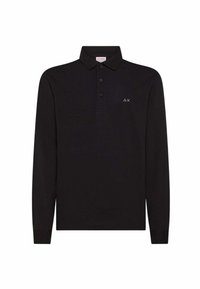 Polo a maniche lunghe di colore nero, realizzato in cotone, con colletto classico, tre bottoni e un piccolo logo bianco sul petto.