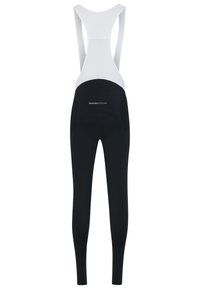 Black cycling bib shorts with a white mesh upper. Features padded seat, fitted design, and logo on the back panel. Stretchy, breathable fabric.