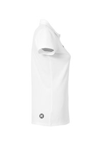 Polo shirt bianco in cotone con maniche corte, colletto classico e un piccolo logo in basso a sinistra. Tessuto liscio e forma slim.