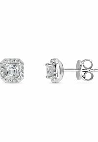 Quadratische diamantene Steckerohrringe mit einem Halo aus kleineren Diamanten, gefasst in poliertem Weißmetall, mit einem sicheren Post-Back-Verschluss.