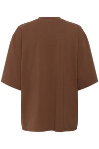 Brun oversized kortærmet bomulds T-shirt med rund halsudskæring, vist fra ryggen mod en hvid baggrund.