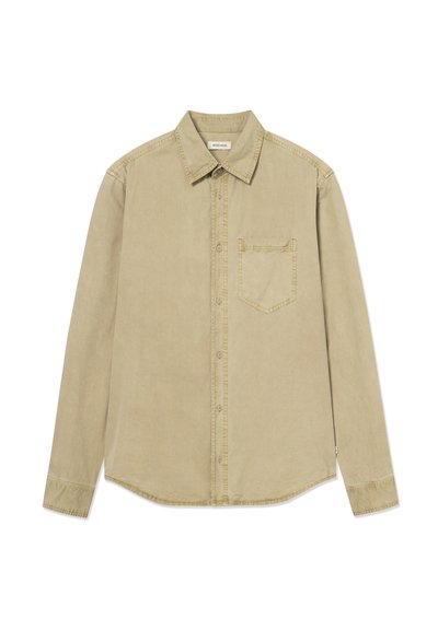 Khaki long-sleeve shirt with a button-up front, pointed collar, single chest pocket, and tonal stitching. Soft fabric with a slightly textured finish.