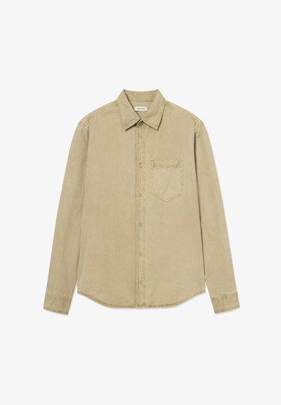 Khaki long-sleeve shirt with a button-up front, pointed collar, single chest pocket, and tonal stitching. Soft fabric with a slightly textured finish.