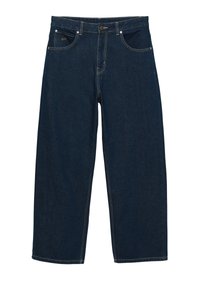 Mörkblå denim rak benjeans med fem fickor, knappstängning i toppen och kontrasterande gul sömnad, med en avslappnad passform.