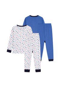 Deux ensembles de pyjamas : un blanc avec un imprimé coloré d'oiseaux et de fleurs, et un bleu rayé. Les deux ont des poignets marins et un col rond.