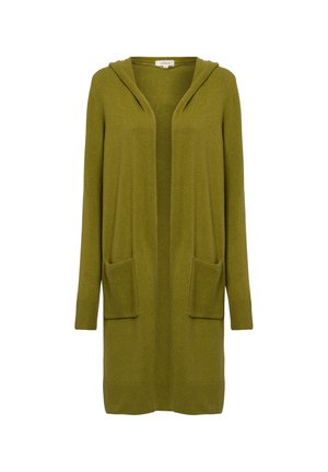 Olijf groene lange cardigan met een capuchon, open voorkant, geribde mouwmanchetten en twee voorzakken. Gemaakt van gebreide stof.