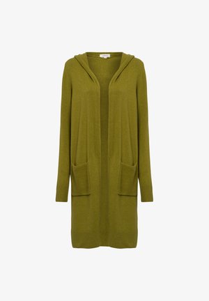 Olijf groene lange cardigan met een capuchon, open voorkant, geribde mouwmanchetten en twee voorzakken. Gemaakt van gebreide stof.