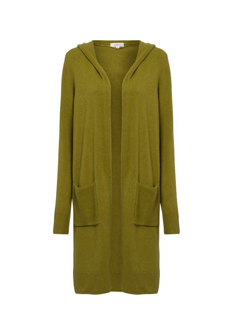 Olivgrüner langer Cardigan mit Kapuze, offener Front, gerippten Ärmelbündchen und zwei vorderen Taschen. Aus gestricktem Stoff gefertigt.