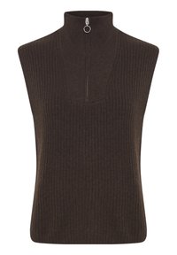 Brun ribbet ærmeløs top med høj krave og en halv lynlås, der har en ringtræk. Blød tekstur, tætsiddende form og minimalistisk design.