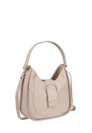 Beige leather shoulder bag with adjustable strap and front flap featuring a gold-tone metal buckle accent.